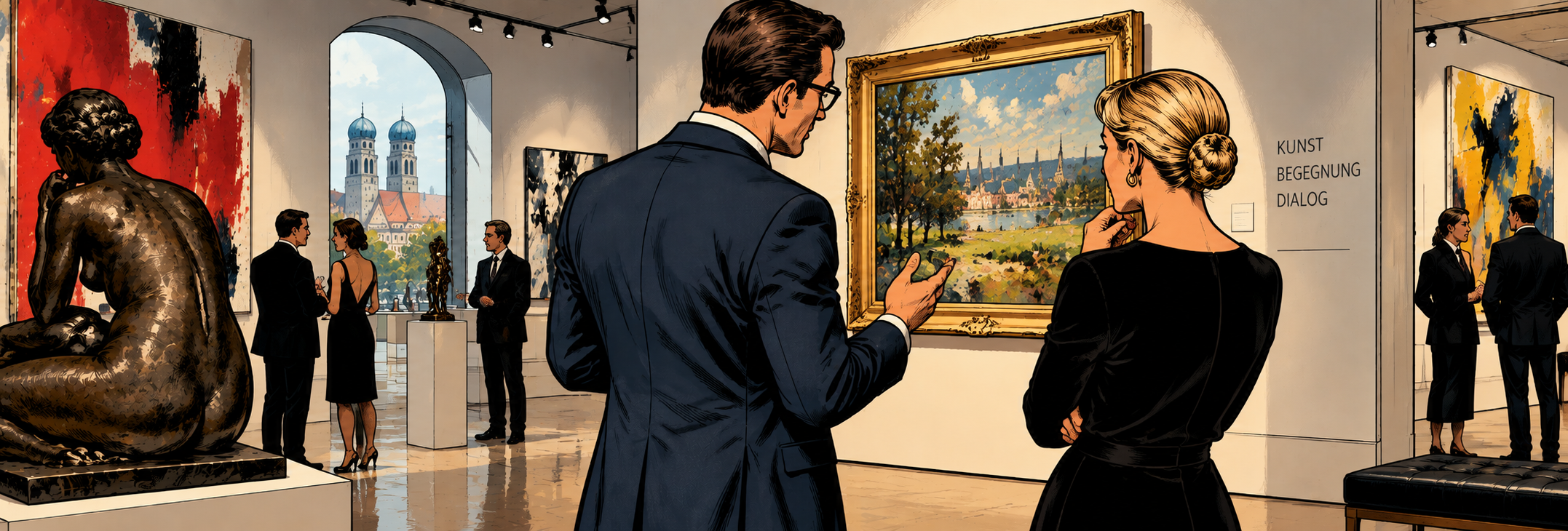 Besucher und Kunstexperten in einer Galerie bei der Betrachtung und Besprechung von Kunstwerken