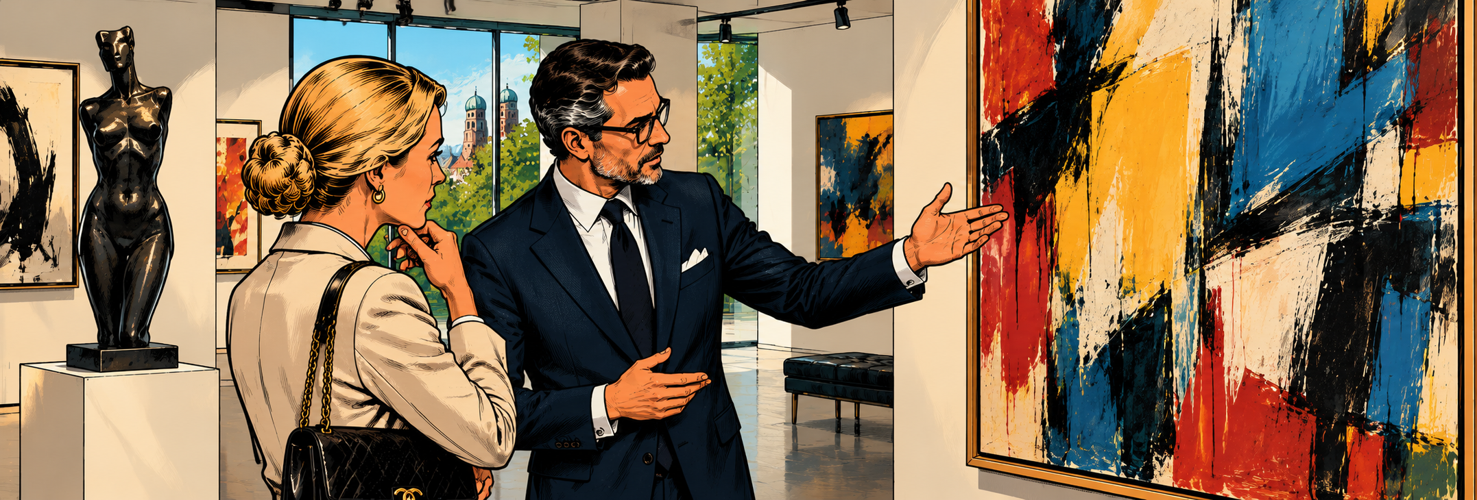 Galerist zeigt einer Kaufinteressentin ein modernes Gemälde in einer Kunstgalerie