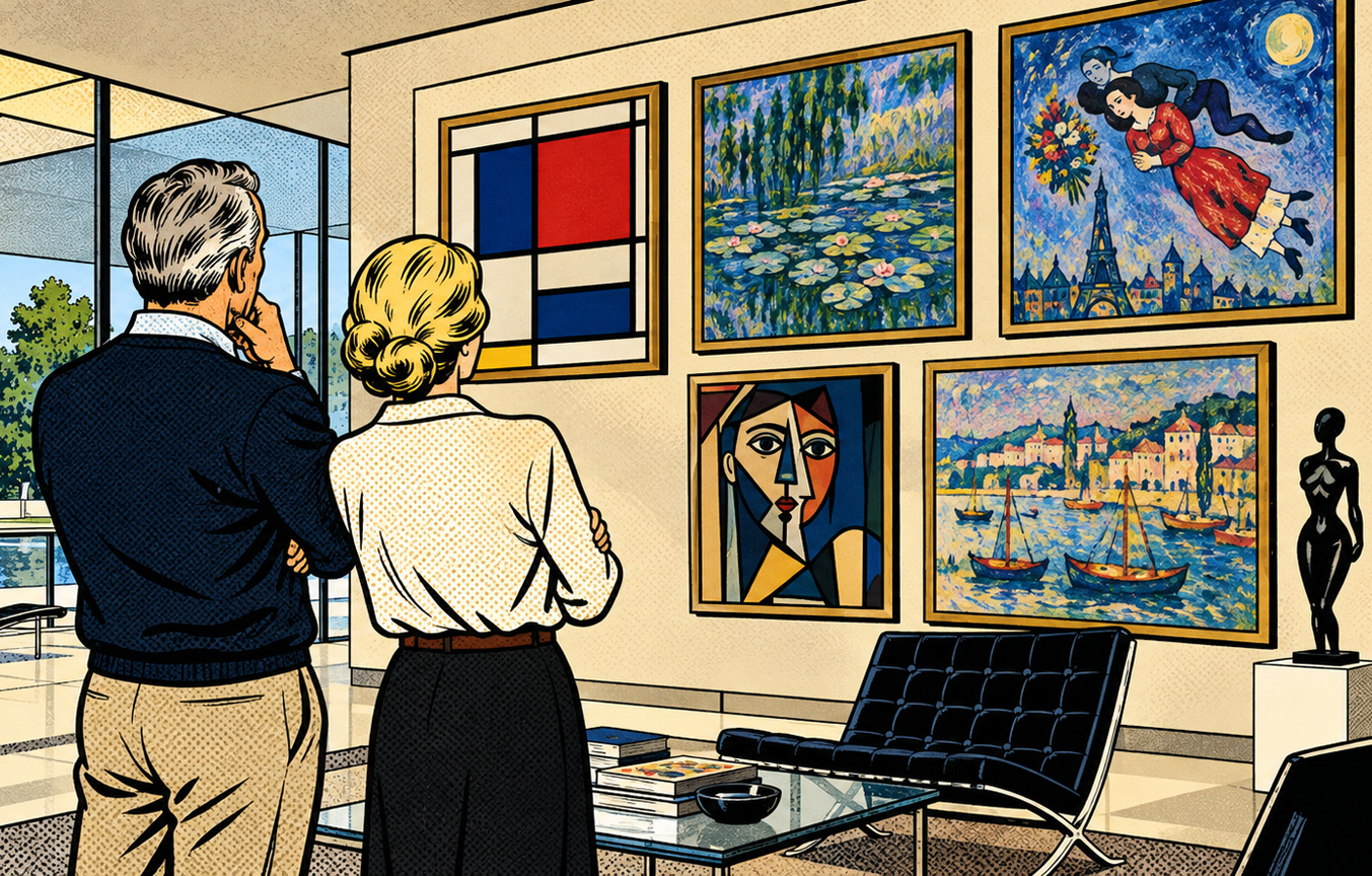 Kunststiftung gründen: Älteres Sammlerpaar betrachtet seine Kunstsammlung mit Werken der klassischen Moderne und des Impressionismus.