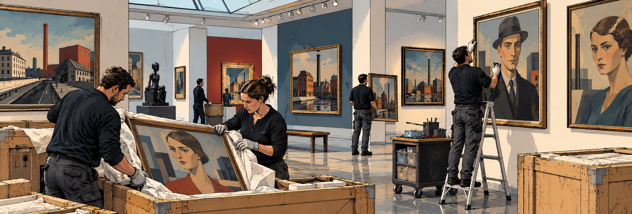 Museumsmitarbeiter packen Gemälde aus Transportkisten aus und hängen eine neue Kunstausstellung