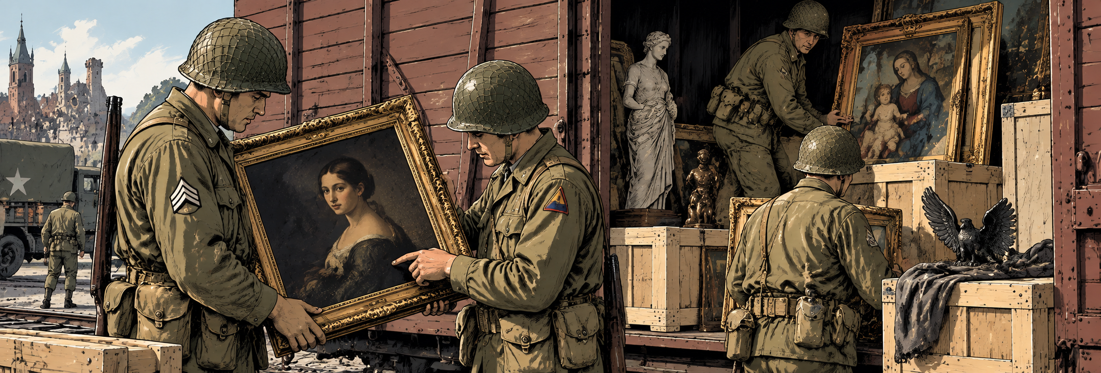 US-Soldaten sichern und untersuchen geraubte Kunstwerke aus einem Eisenbahnwaggon nach dem Zweiten Weltkrieg