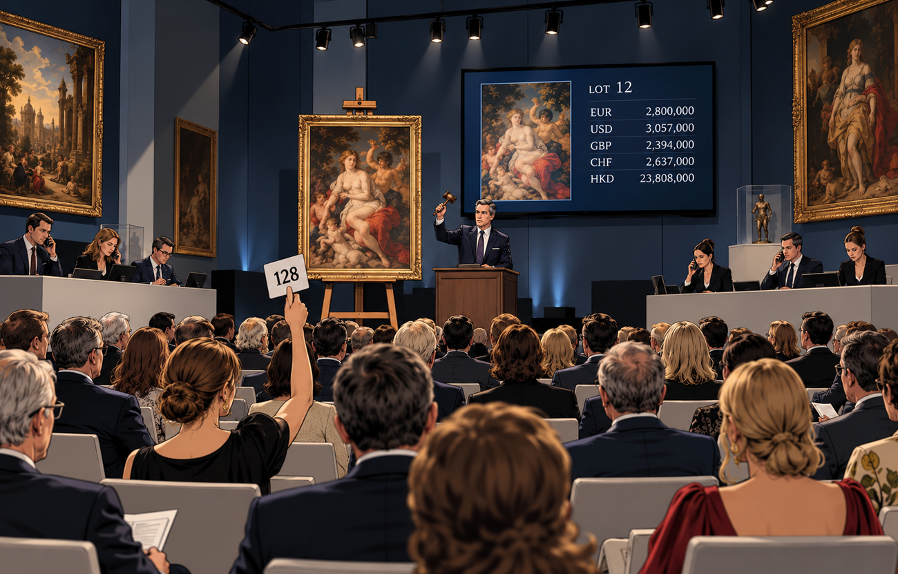 Illustration of a fine art auction in Germany, highlighting the risks of buying forged or misattributed artworks at German auction houses.